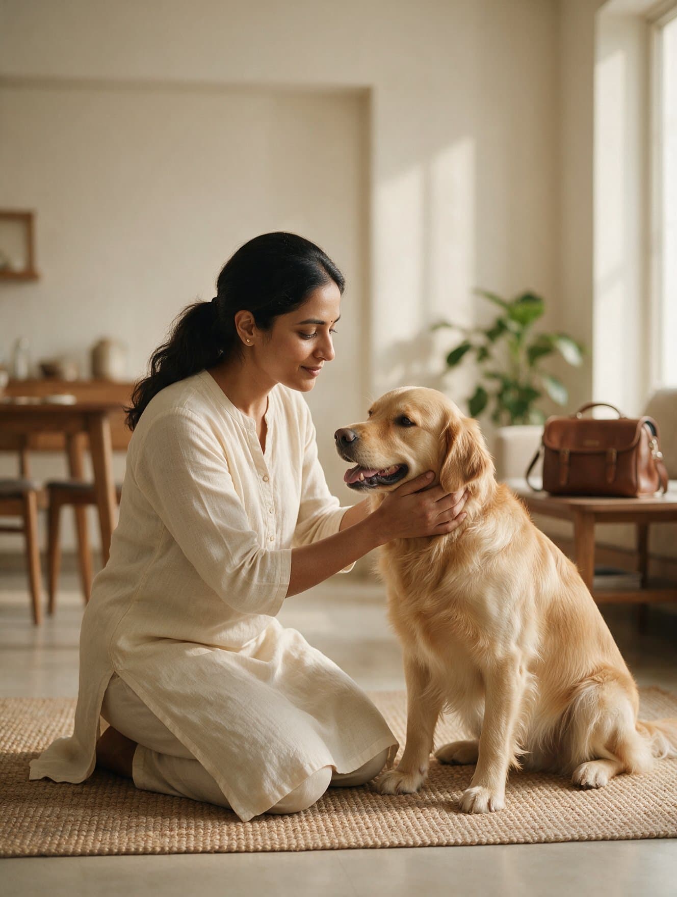 Pet parent spending time with a golden retriever at home