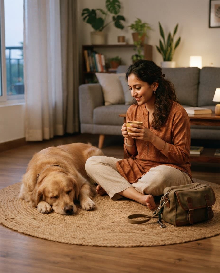 Indian pet parent with a chai beside her relaxed golden retriever after a vet visit