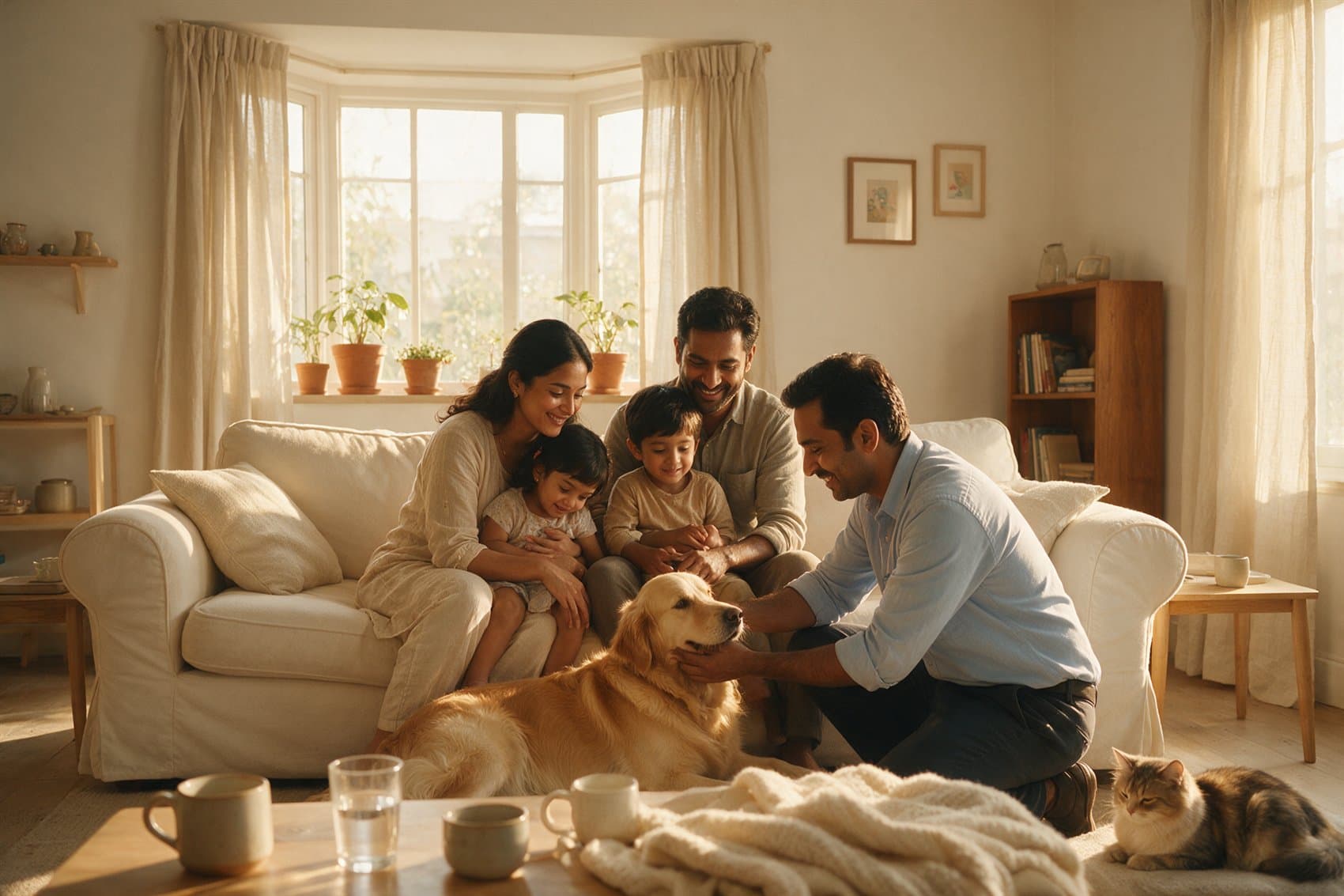 Indian family with their dog and cat while a veterinarian gently checks the dog at home
