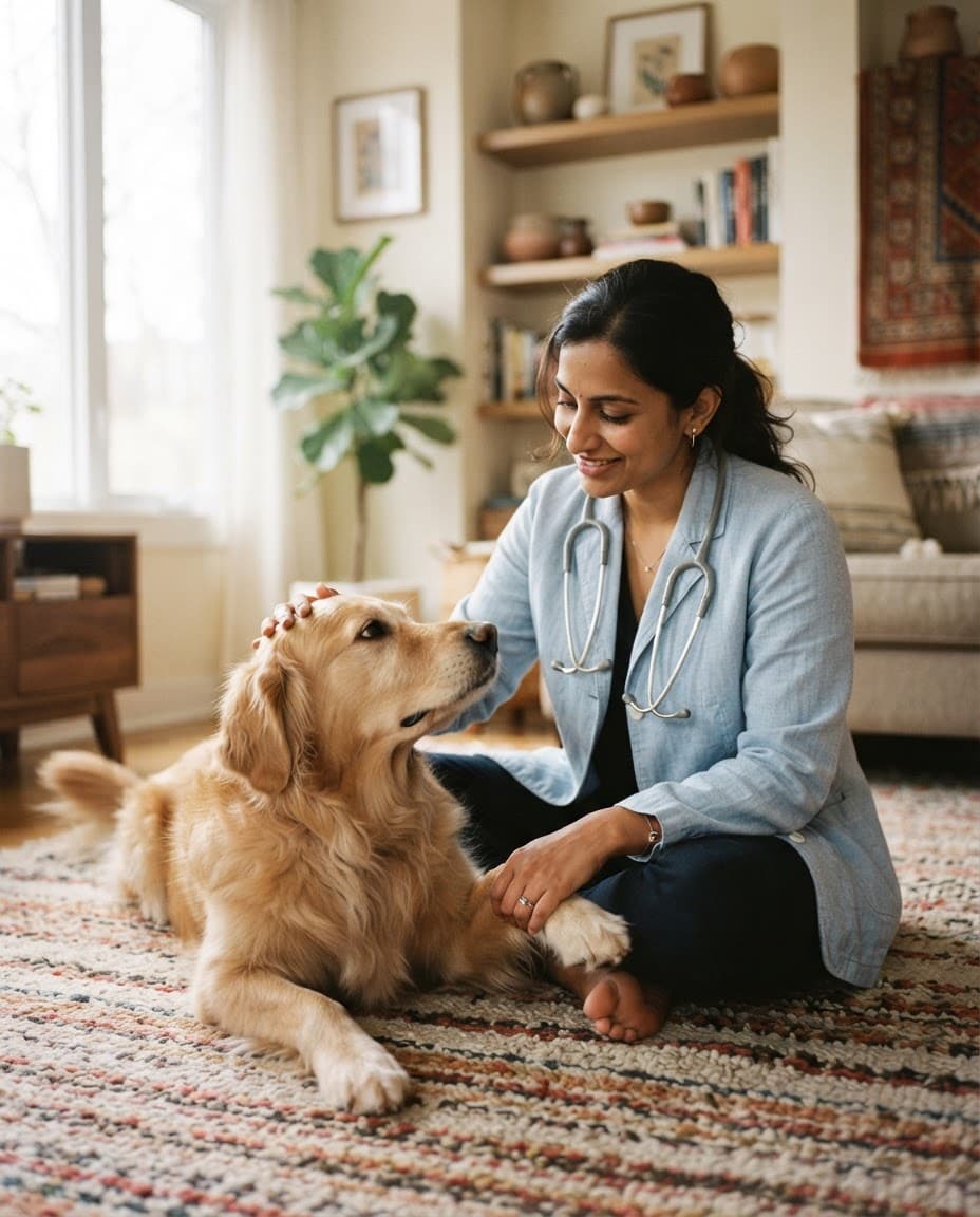 Indian veterinarian gently examining a golden retriever at home