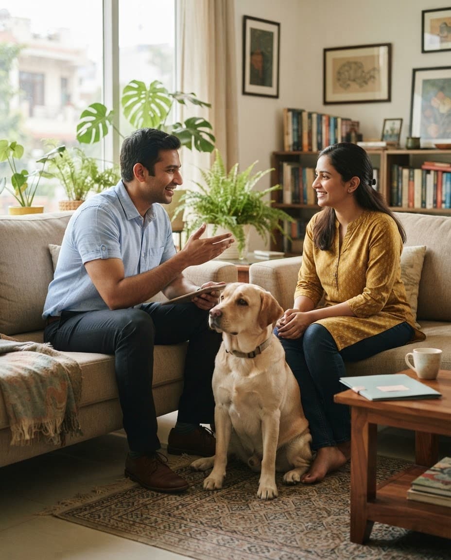 Indian veterinarian talking to a pet parent beside a labrador at home