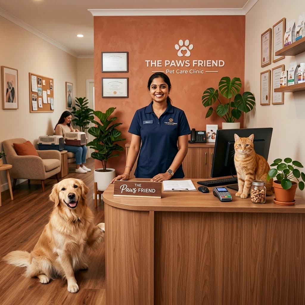 The Paws Friend reception: a smiling team member at the front desk with a golden retriever and a cat