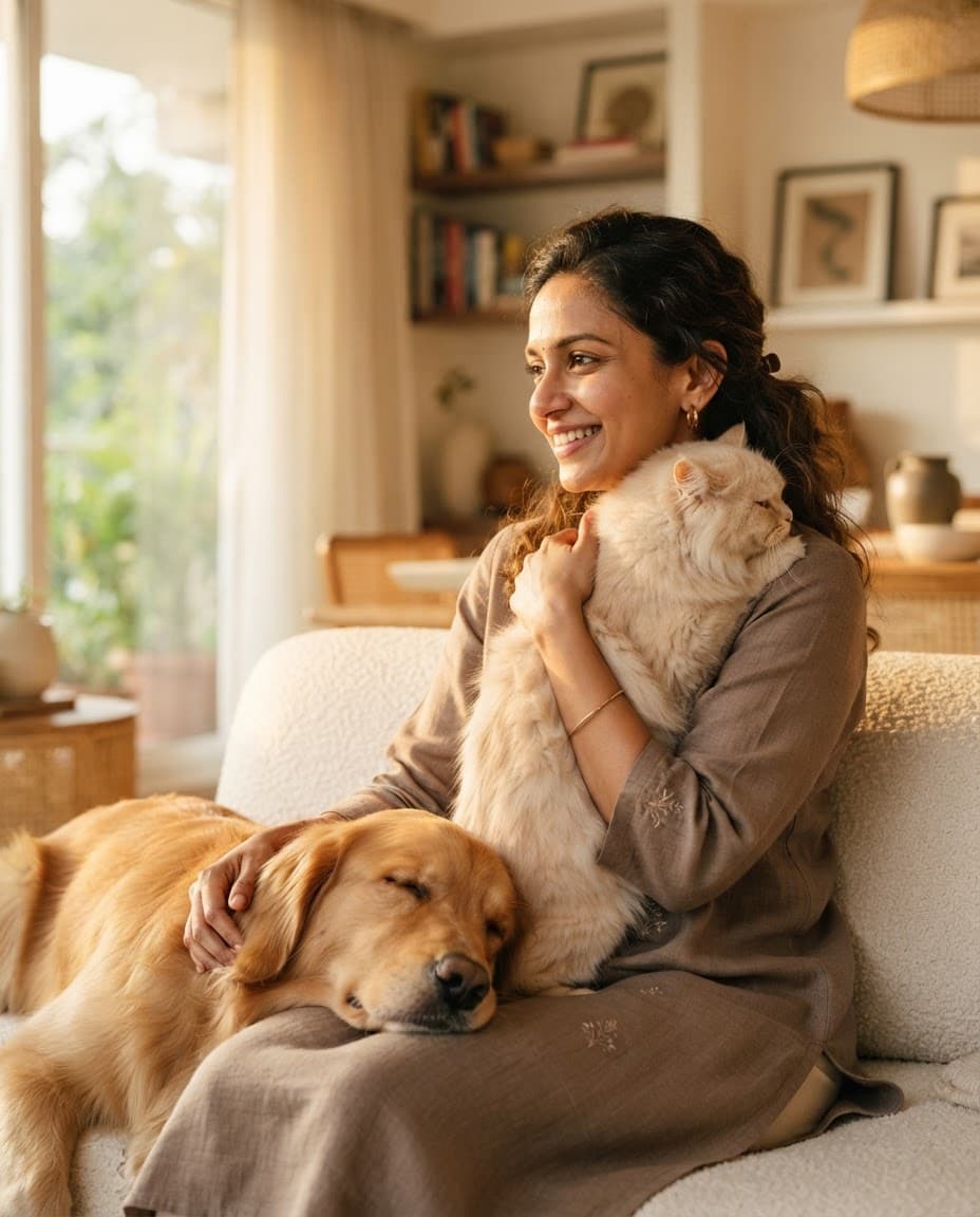Indian pet parent smiling on the sofa with her cat and sleeping golden retriever