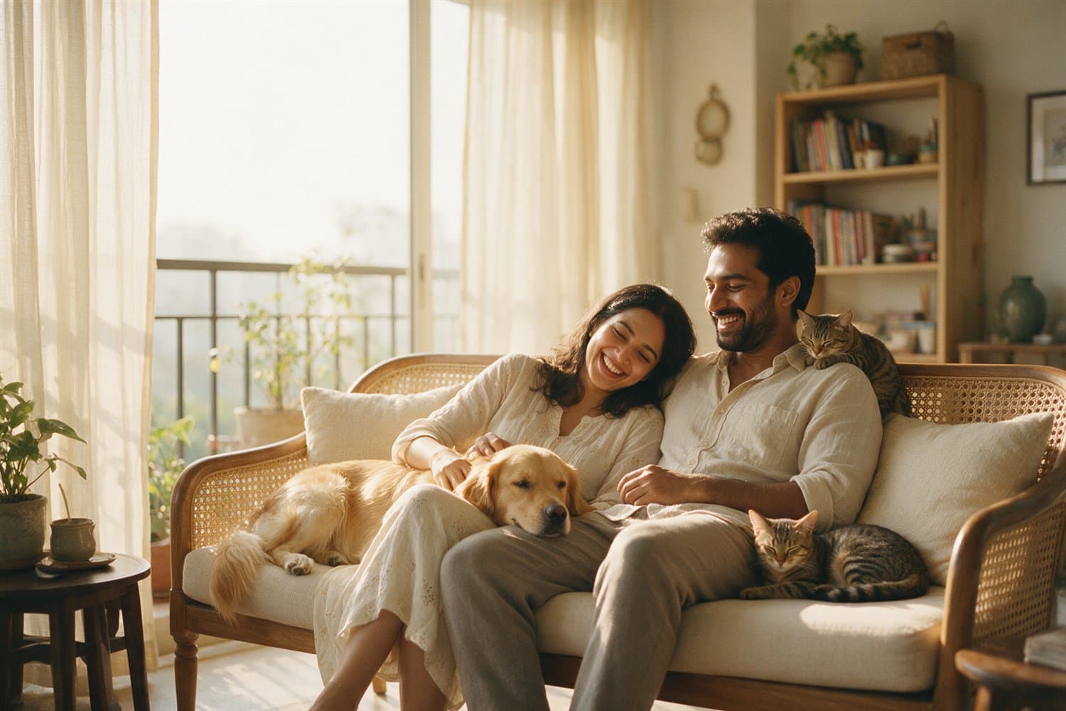 Indian couple relaxing with their golden retriever and cats at home