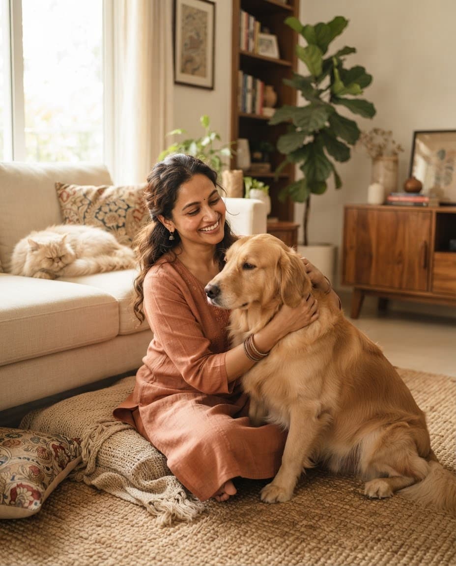 Indian pet parent hugging her golden retriever with a cat on the sofa