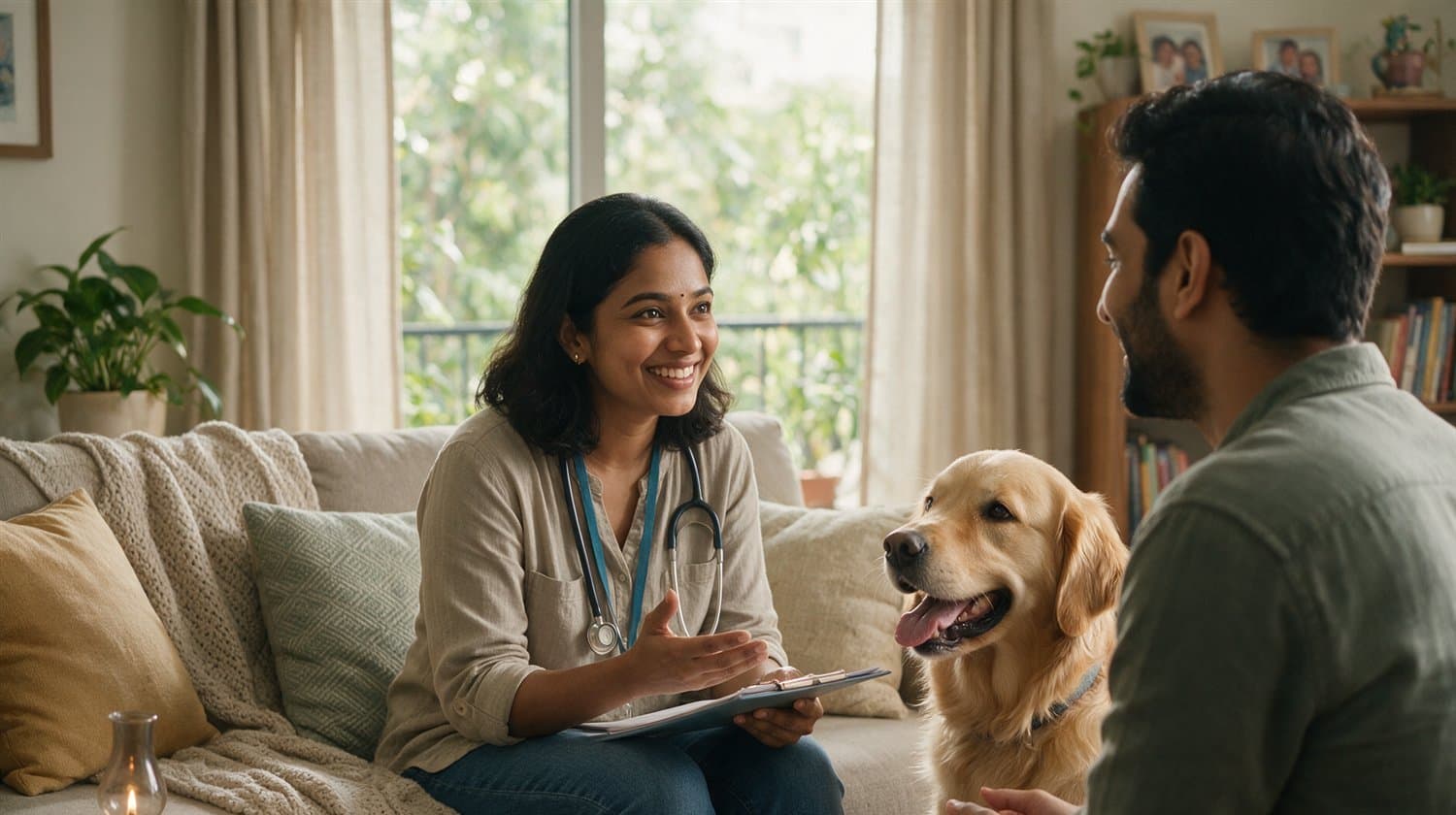 Care coordinator chatting with a pet parent and her golden retriever at home