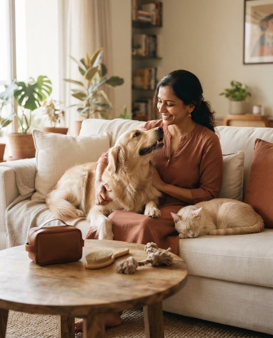 Indian pet parent at home with her golden retriever and cat