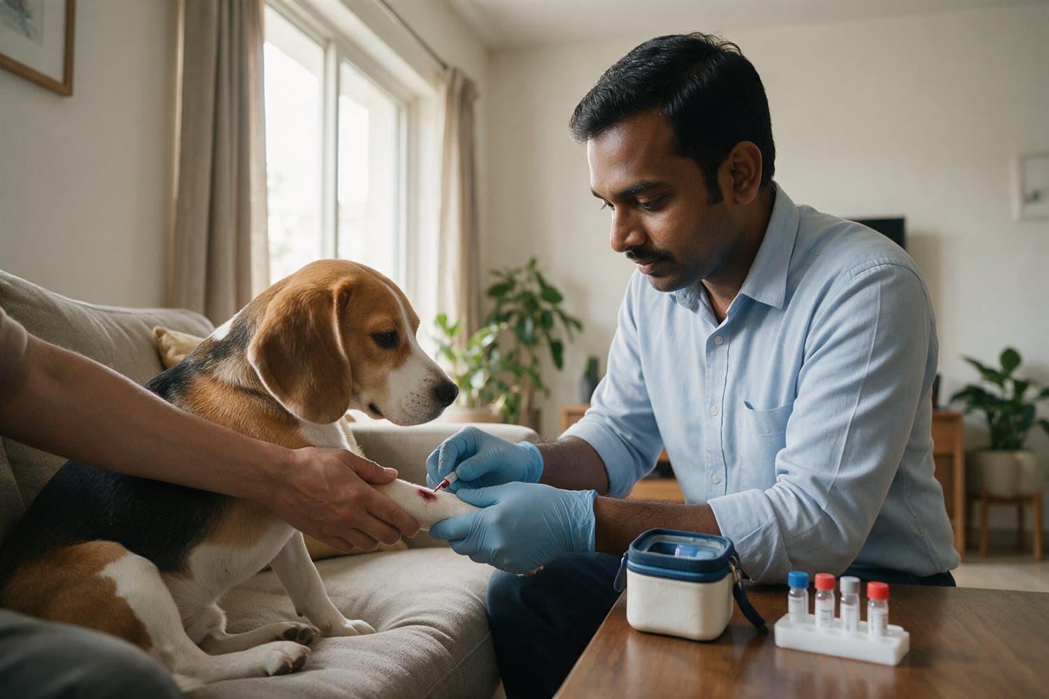 Vet technician collecting a blood sample from a beagle at home